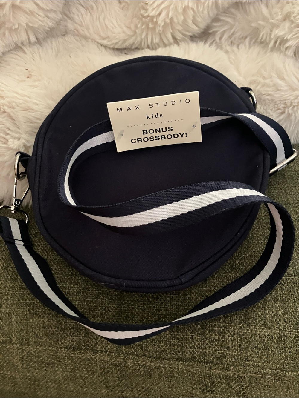 Max Studio Kids Navy and White Striped Round Crossbody Bag